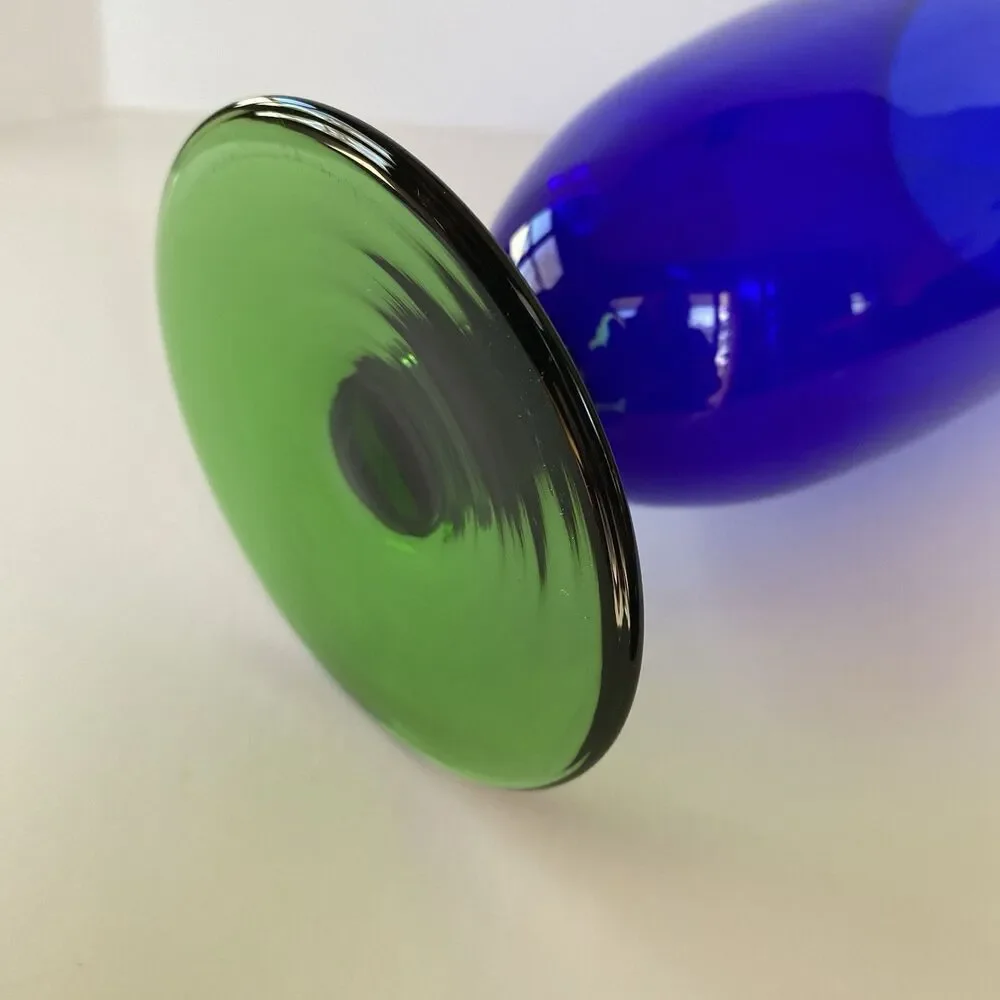Madison Avenue cobalt blue crystal glass vase with green pedestal made in Czech